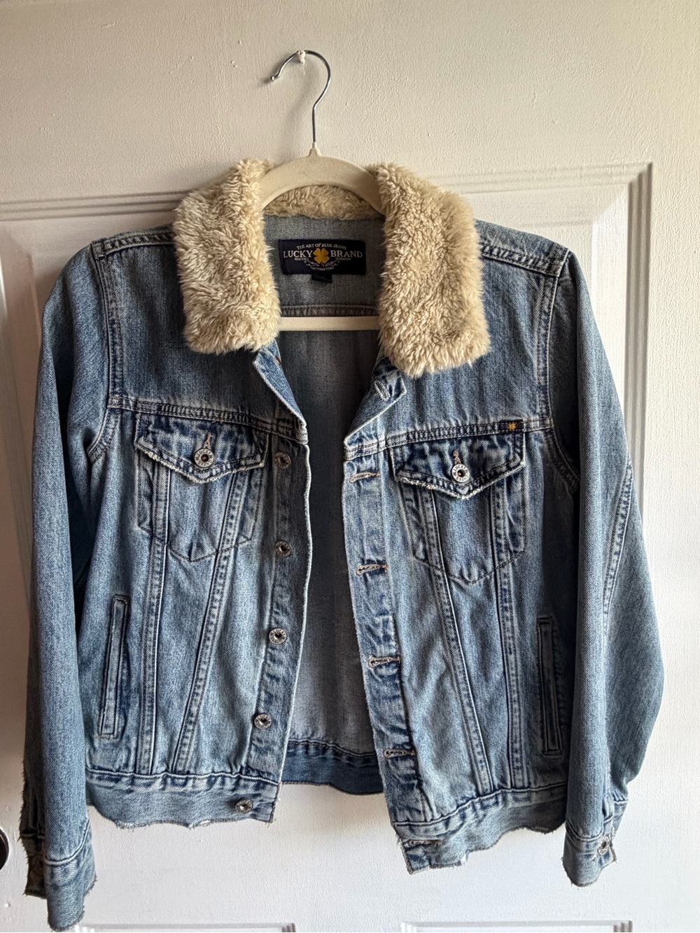 Lucky Brand Light Blue Denim Jacket with Cream Faux Sherpa Collar